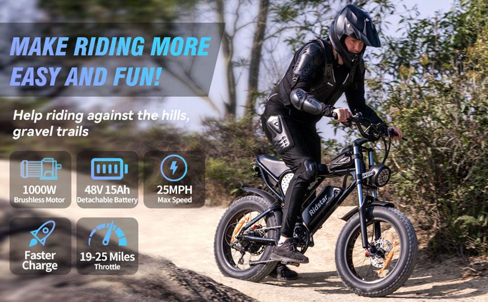 Мини-электрический велосипед Ridstar Q20, двигатель мощностью 1000 Вт, аккумулятор 48 В, 15 Ач, толстые шины 20*4,0 дюйма, максимальная скорость 40 км/ч, запас хода 80 км, вилка с передней подвеской