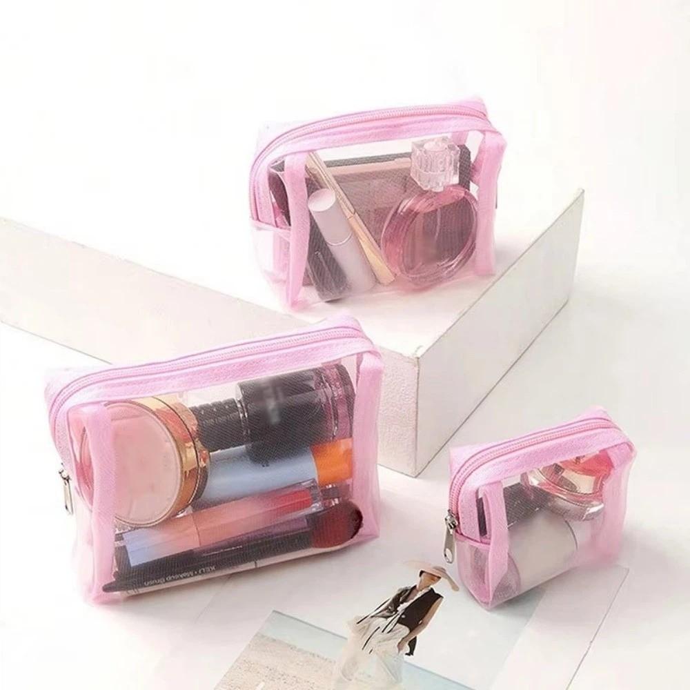 3pcs/set Fashion Mesh Makeup Bag Portable Mini Cosmetic Organizer Transparent Travel Toiletry Pouch For Lipstick & Cosmetics