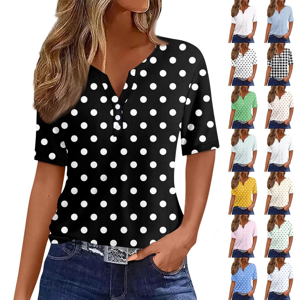 Women's Casual Printed V-Neck Short Sleeve Decorative Button T-Shirt Top