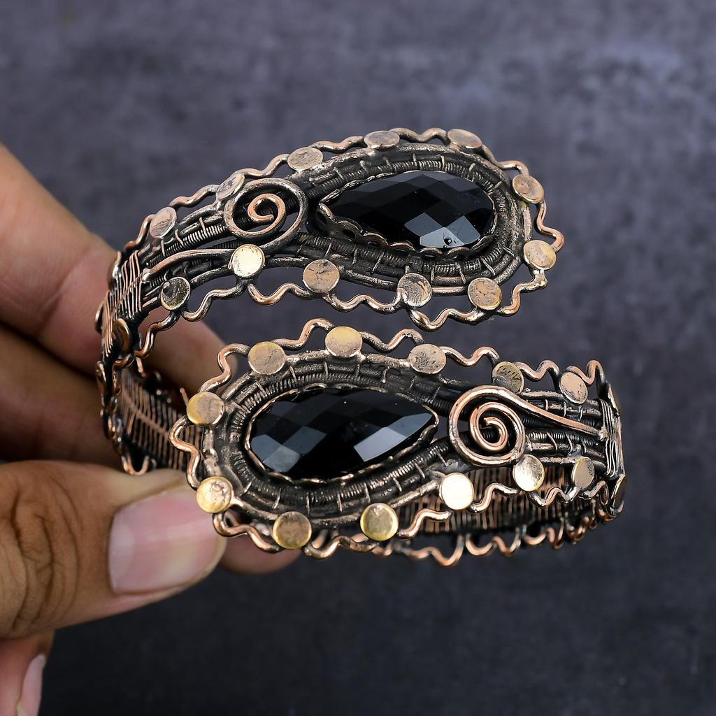 Black Spinel Gemstone Handmade Copper Wire Wrap Cuff Bangle Adjustable H6c42