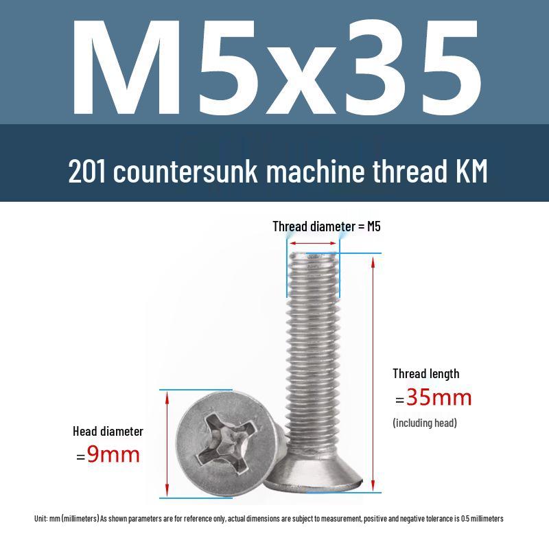 Stainless Steel Phillips Countersunk Machine Screws M2-M5, Flat Tail, Full Thread