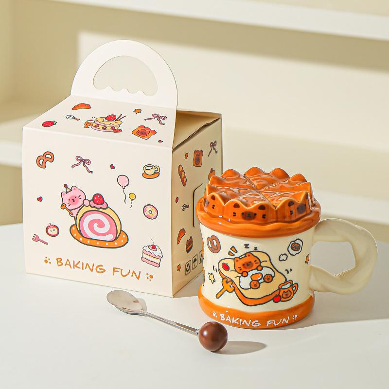 Нарисованная от руки кружка с милым котом «Торт на день рождения», офисная кружка для воды для высокой девушки с крышкой, домашняя парная керамическая кружка