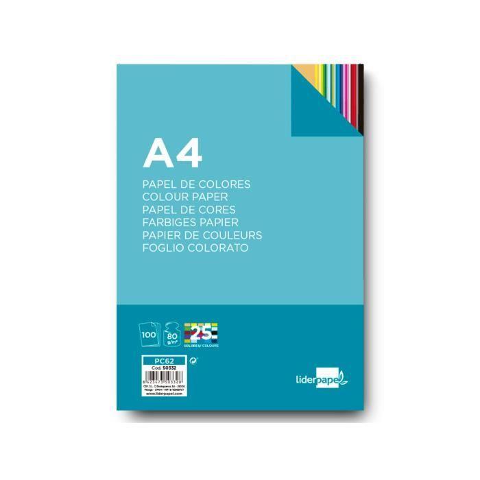 Papier Couleur Liderpapel Multifonction A4 80g/m2 Assortiment 25 Couleurs Paquet 100 Feuilles