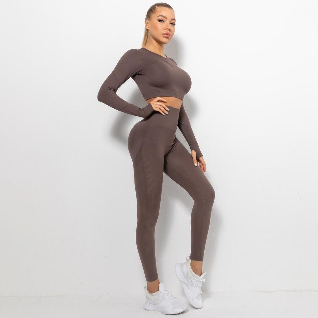 Women Seamless Yoga Suit Sweat Absorbing Hip Lifting High Waist Fitness Pants Tight Long Sleeve Sports Suit