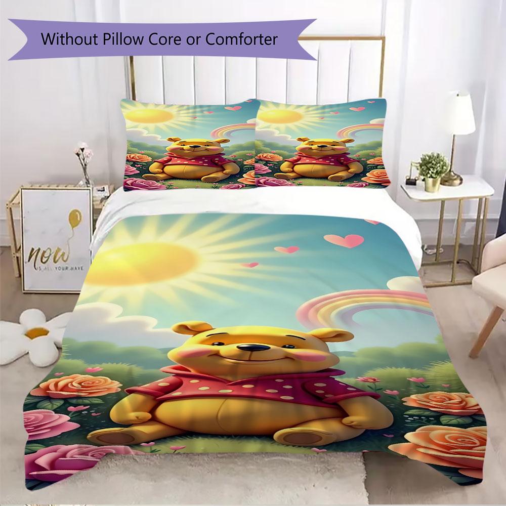 3pcs cartoon duvet cover set (1 duvet cover + 2 pillowcases, duvet insert not included), cute Winnie the Pooh print bedding set.