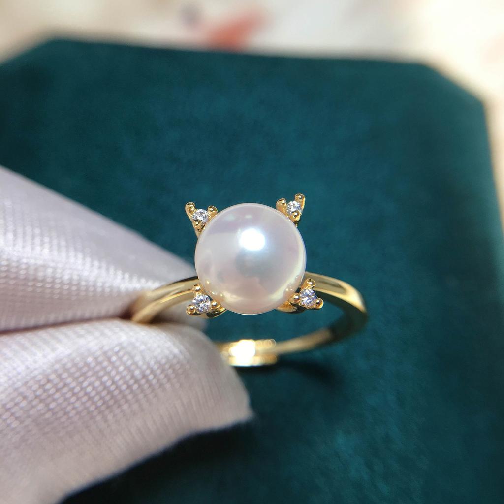 SHDIYAYUN 18k Gold Plated Simple Four Claws Natural Freshwater Pearl Ring Jewelry Women