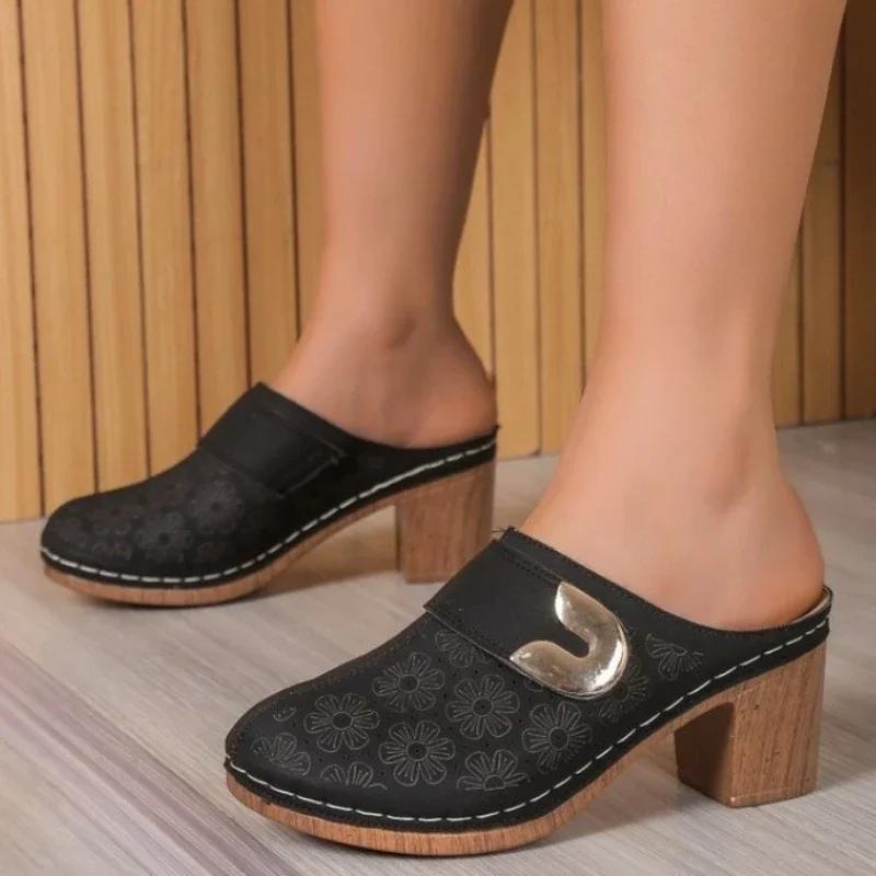 2024 Обувь Женские закрытые носки женские тапочки для улицы Офисные и карьерные тапочки женские Римские толстые каблуки Большие размеры Современные сандалии