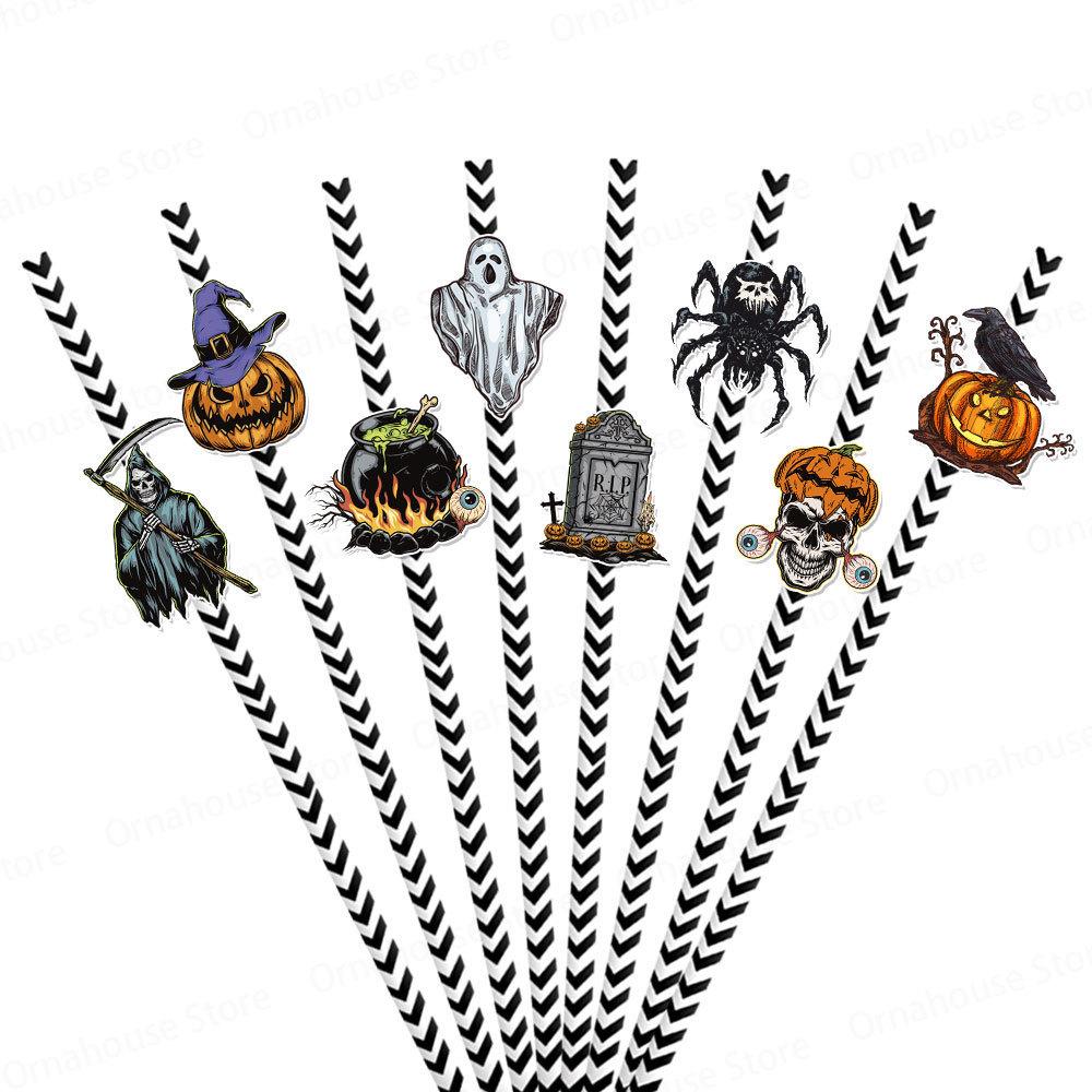 Halloween Themed Straw Retro Creative Water Cup Disposable Paper Straw Party Decoration Supplies Birthday Party Decorations