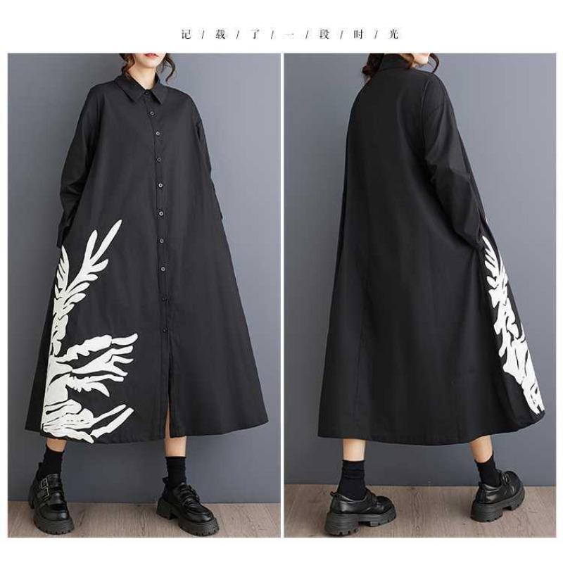 Loose Large Size Splicing Casual Simple Printed Sweet Long Sleeve Shirt Dresses