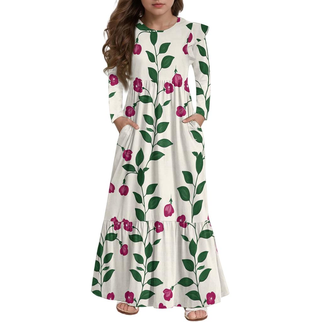 Girls' Tiered Ruffle Dress - Long Sleeve Printed Maxi With Pockets
