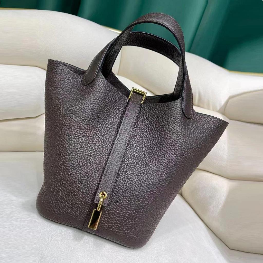 2024 Color-Matched Genuine Leather Bucket Bag, Lychee Grain Cowhide Handbag for Women