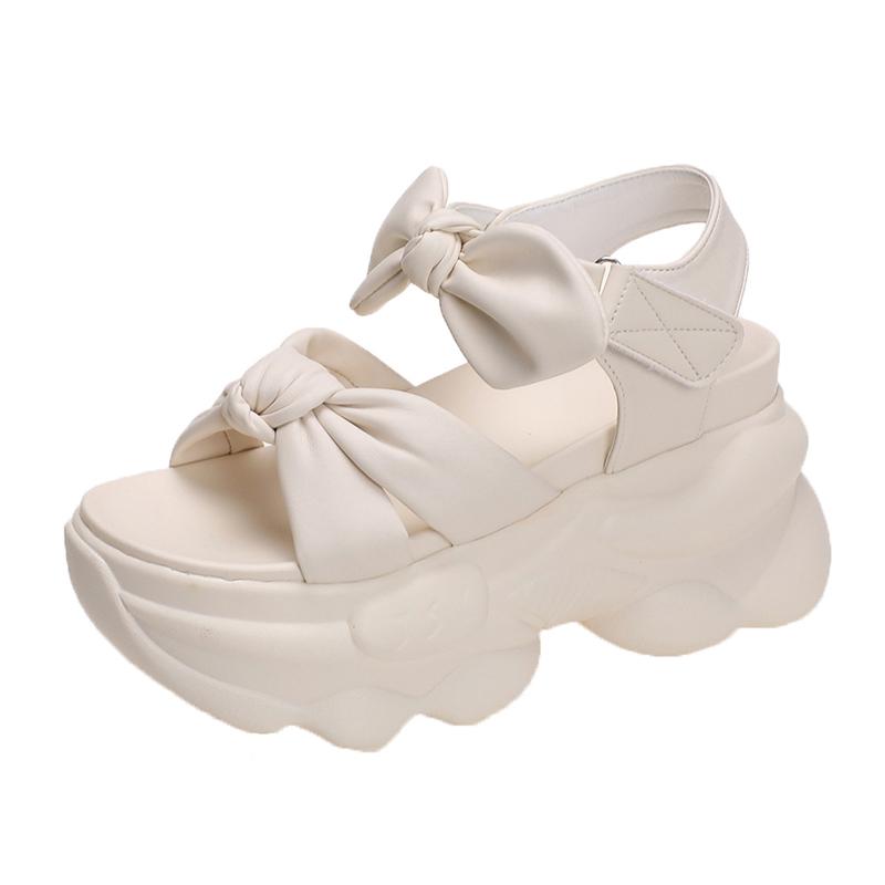 Модные летние босоножки на высоком каблуке для женщин 9 см танкетка бант шлепанцы модные уличные на толстой подошве пляжные повседневные шлепанцы