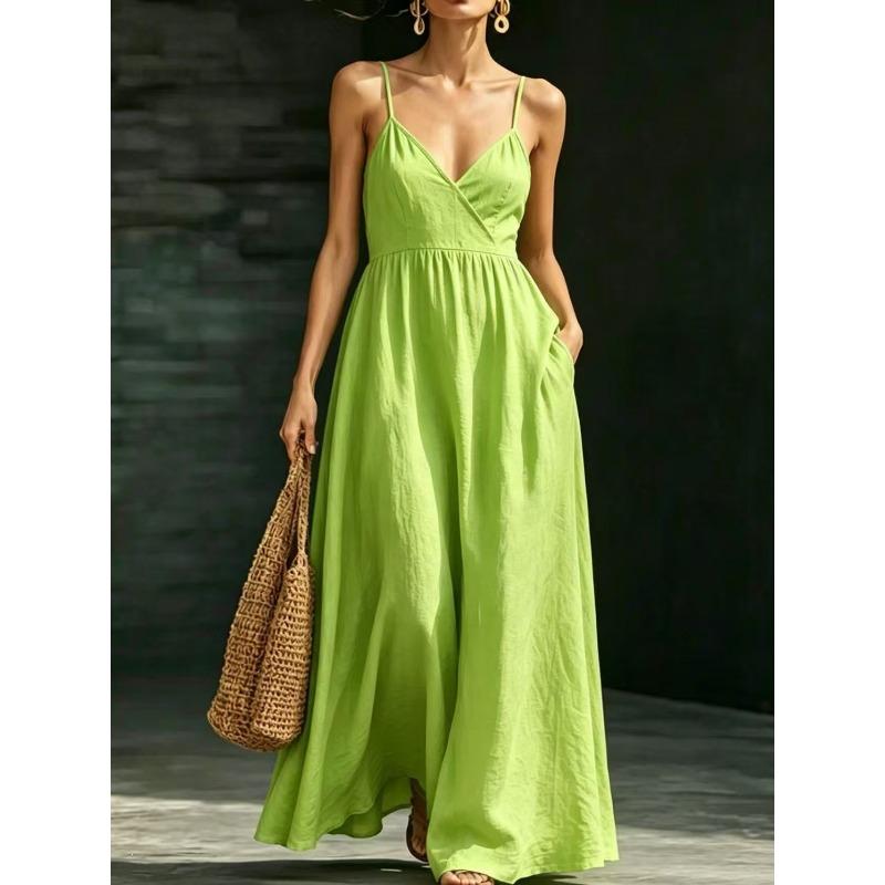 IHUASU Women's Fashion Sleeveless V-Neck Summer Spring Solid Color Print Casual Dresses Elegant