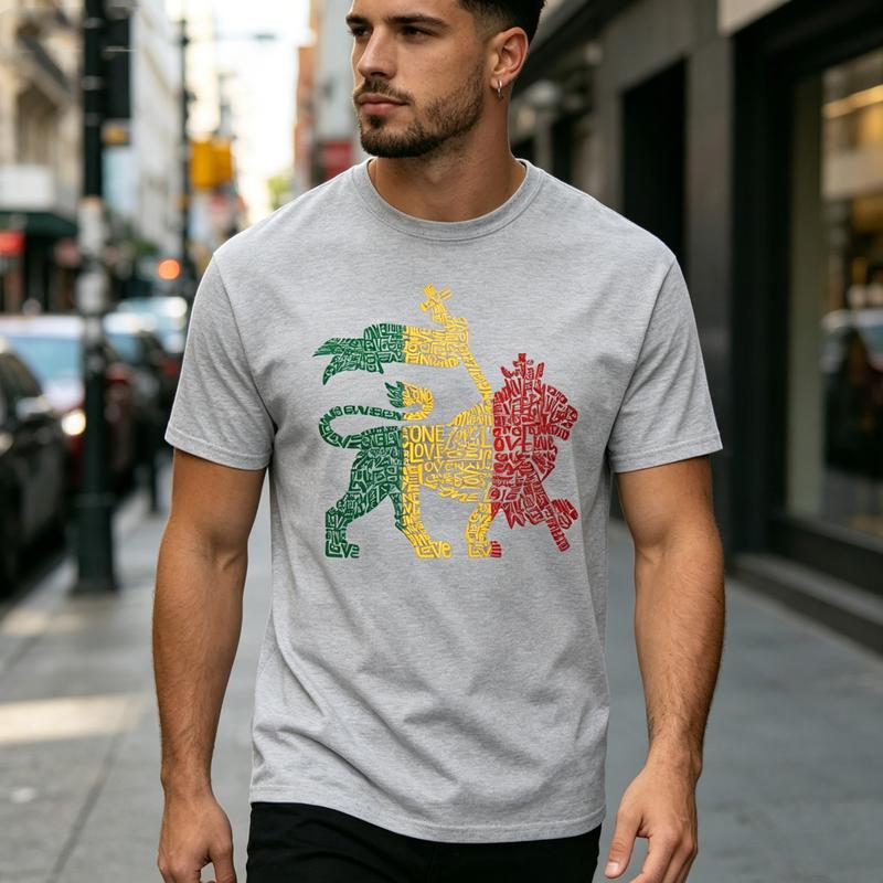 Reggae Rasta Lion Word Art Tshirt for Unisex Unisex Vintage Rock Band Tee Casual Short Sleeve Top