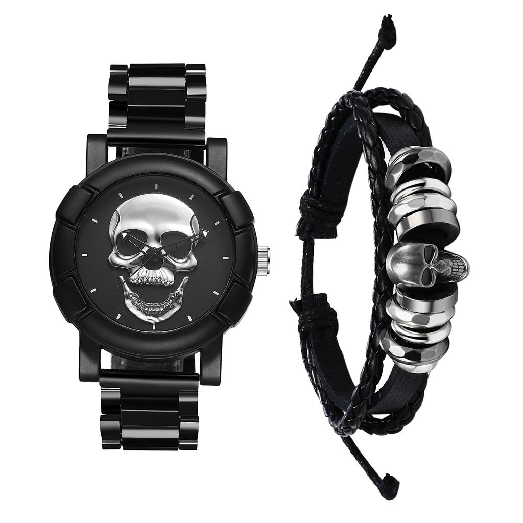 Skeleton Watch Bracelet Set of Rock Punk Leather Strap Stainless Steel Watch Waterproof Analog Quartz Skull Gothic Accessory Birthday Christmas Day