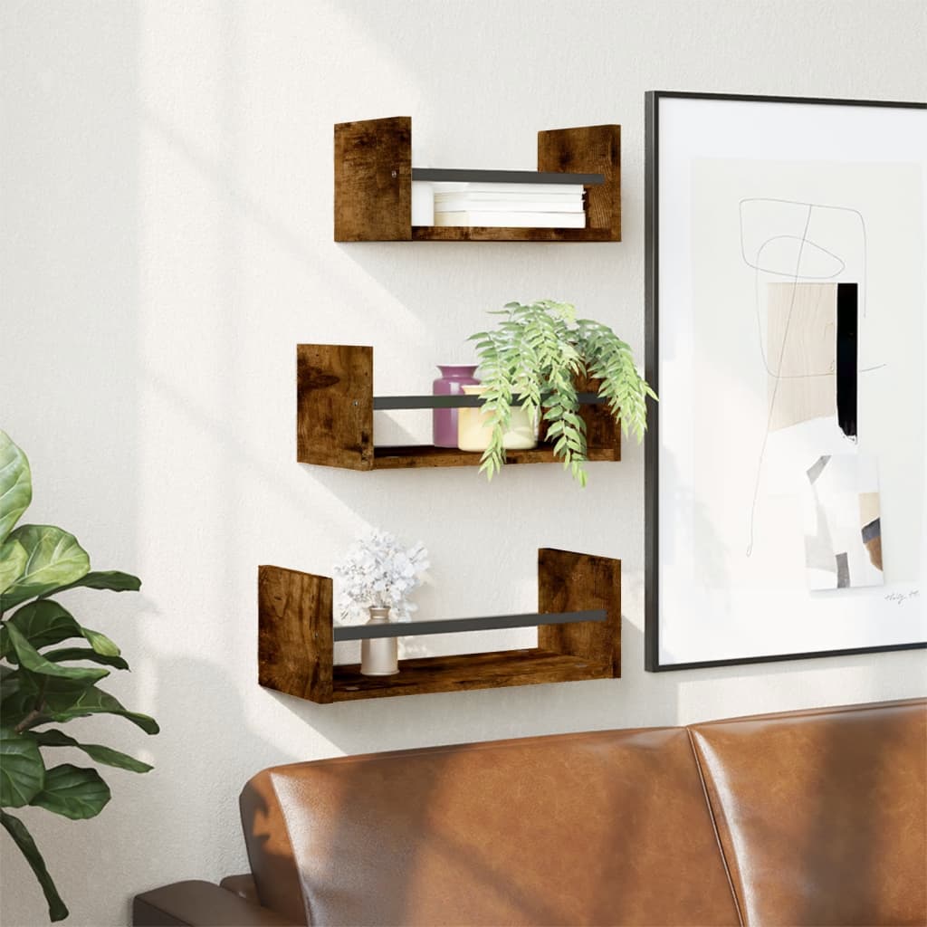 3 Piece Wall Shelf Set with Bars Smoked Oak Wood Based Material