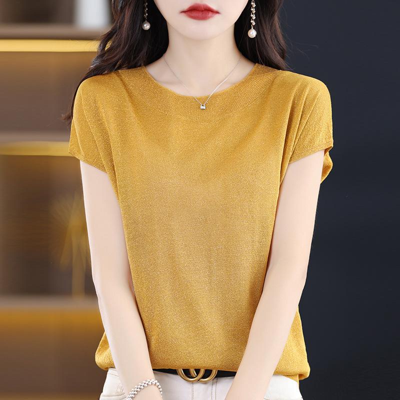 IHUASU Women's Ice Silk Short-sleeved T-shirt Summer Bright Silk Temperament Jersey Linen O-neck Blouse Thin Versatile Loose