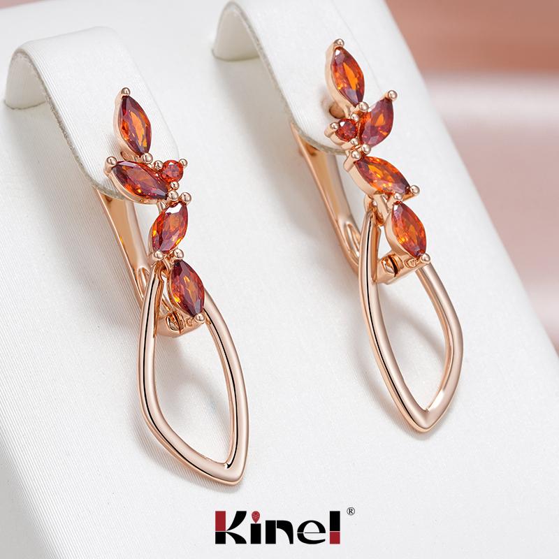 Длинные серьги Kinel с красным цирконием для женщин, повседневные модные украшения, висячие серьги цвета розового золота