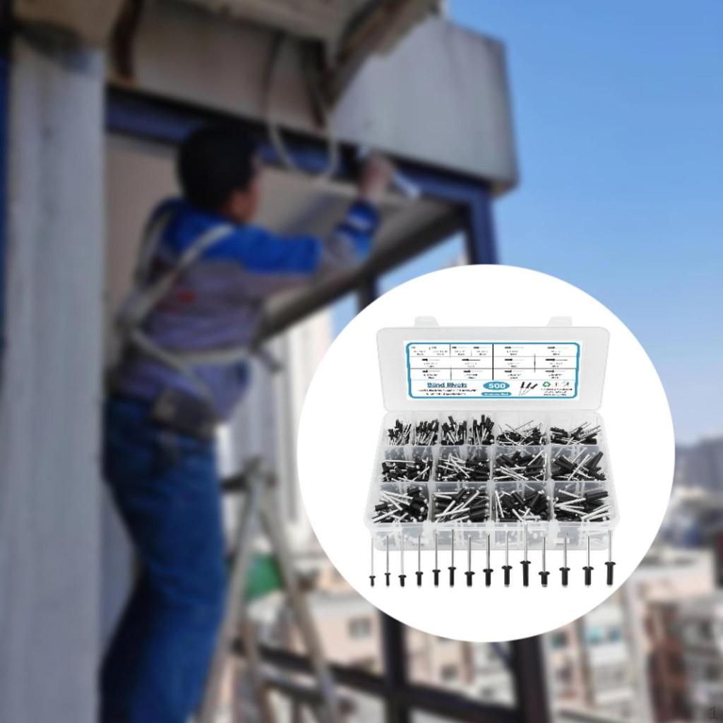 500Pcs Blind Rivets 3/32" 1/8" 5/32" 3/16" 1/4" SAE Open End Assorted Rivet Set for