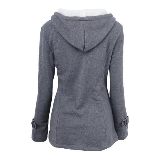 Fall Winter Coat with Side Pockets Solid Color Hooded Horn Button Closure Long Sleeve