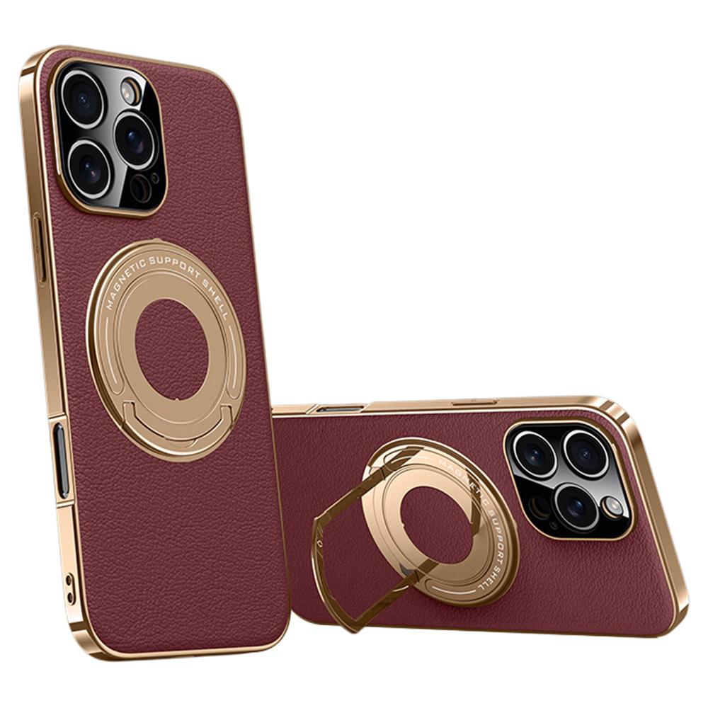 For iPhone 16 Pro Case Compatible with MagSafe Leather TPU Back Cover with Hidden Kickstand