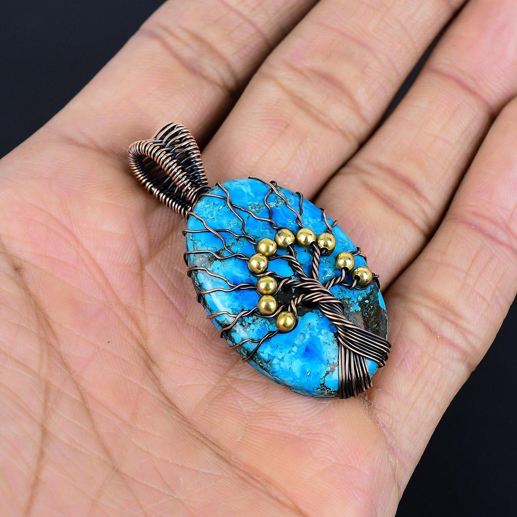 Blue Turquoise Handmade Gemstone Pendant, 999 Copper Wire Wrapped Antique Jewelry Pendant, For Engagement Gift