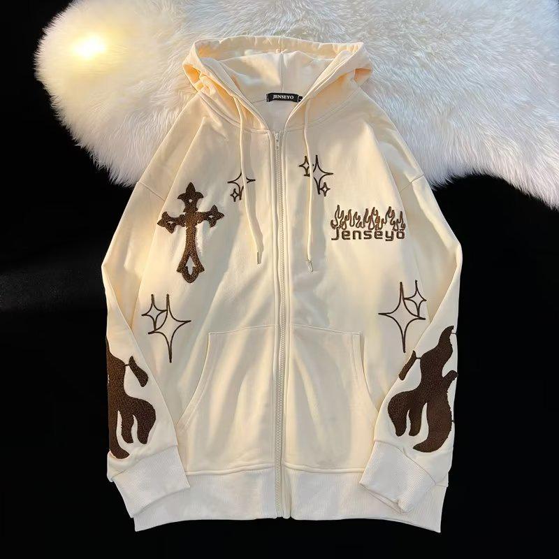 Мужской кардиган-толстовка на молнии с капюшоном, вышивкой креста и пламени, с флисовой подкладкой, модный свободный крой для пар, идеально подходит для весны и осени.
