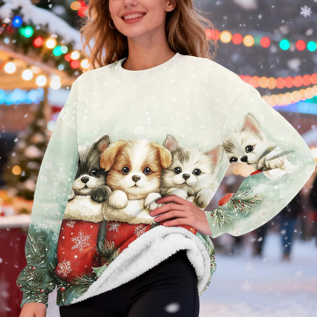 Women's Fashion Casual Long Sleeve Christmas Printed Round Neck Plus Velvet Thickened Sweatshirt