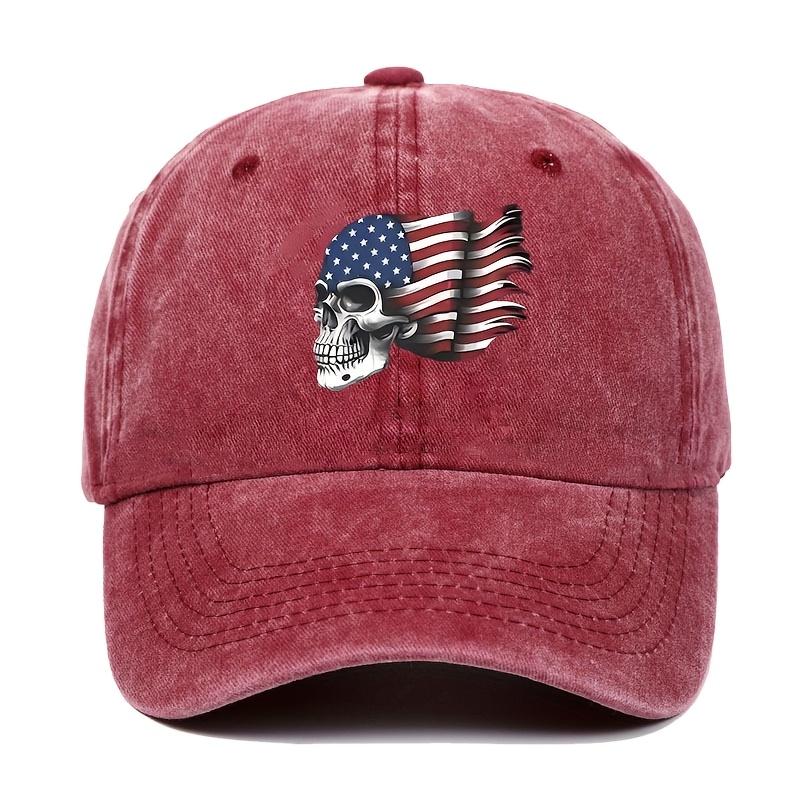 VintageStyle Washed Baseball Cap with American Flag Skull Print Adjustable Distressed Dad Hat for Men