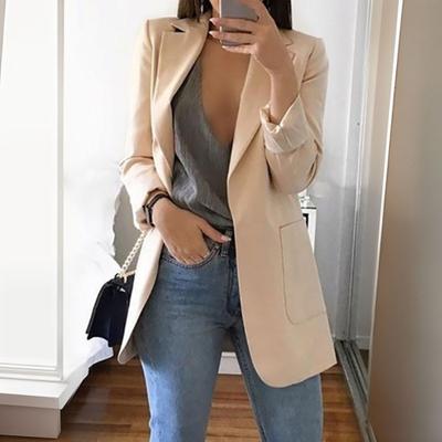 Женский деловой пиджак с лацканами, длинный рукав, открытая передняя часть, с карманами, однотонный повседневный рабочий костюм