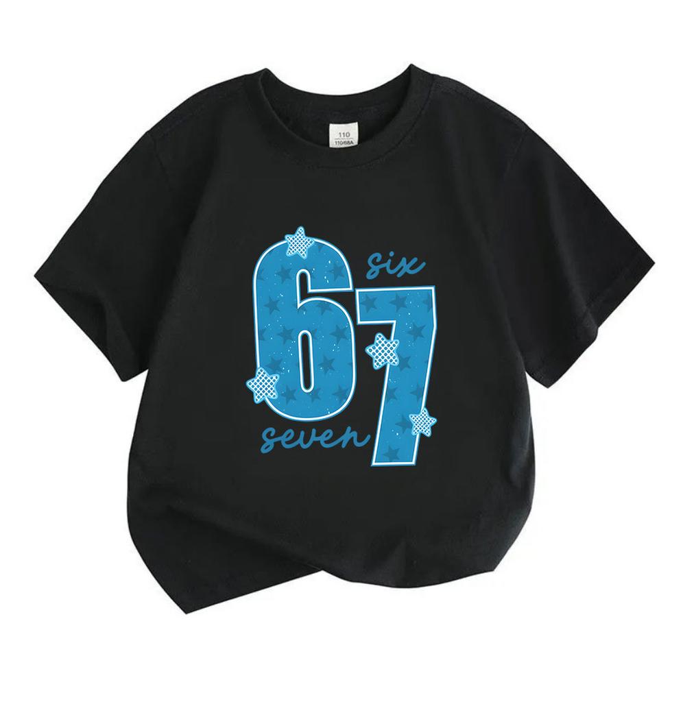 Kids Boys Girls 100% Cotton Crew Neck Short Sleeve T-Shirt, Casual Blue 67 Print Star Pattern Soft Breathable Summer Tee for Daily Wear School Holiday