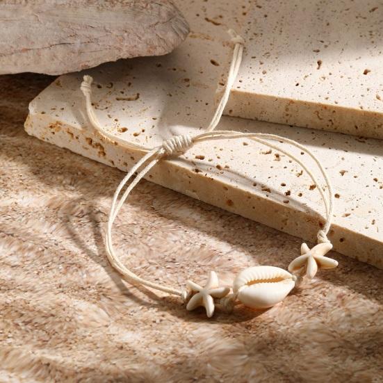 Women Shell Bracelet Starfish Pendant Braided Adjustable Tassel Beads Bohemian Style Vacation Beach Bracelet Lady Jewelry
