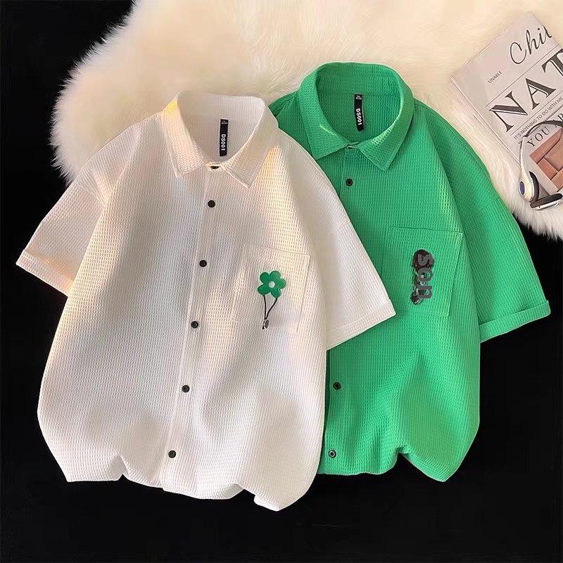 Мужская летняя рубашка с коротким рукавом в вафельном стиле в гонконгском стиле 2022 года — High Street Style