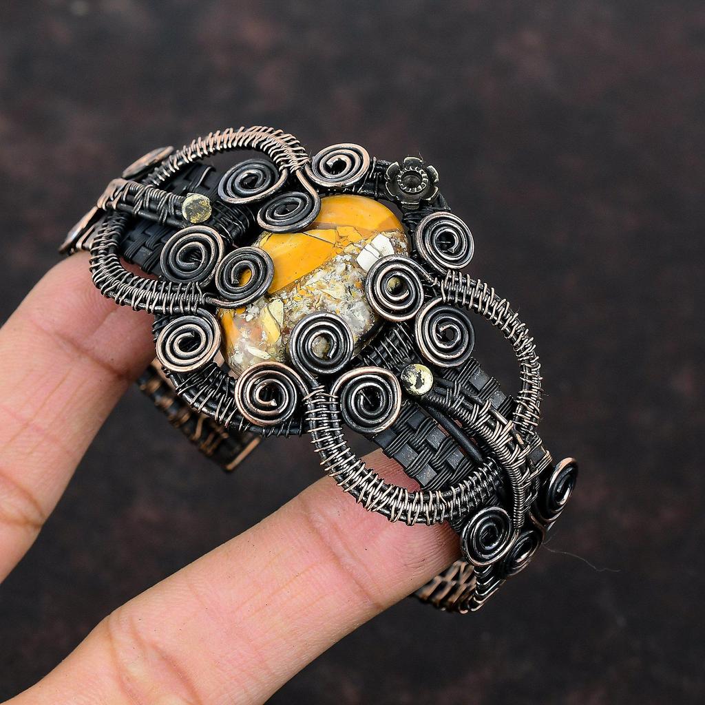 Браслет из меди с брекчиевым мукаитом, обмотанный медной проволокой, регулируемый браслет-манжета, ювелирные изделия ручной работы, браслет с драгоценными камнями, обмотанный проволокой