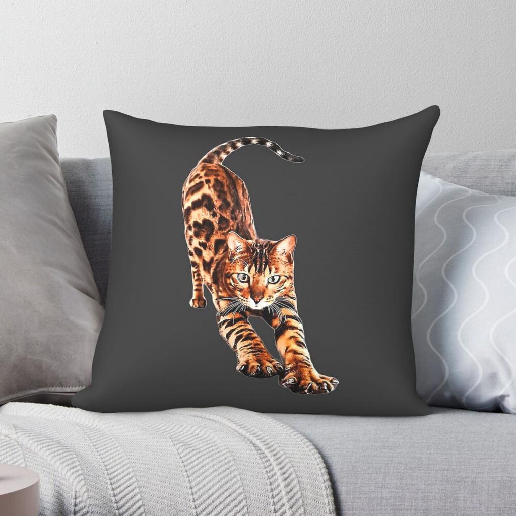 Bengal Cat Stretching Square Pillowcase Polyester Linen Velvet Creative Zip Decor Home Cushion Cover