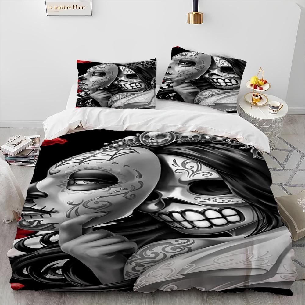 3D Horror Gothic Female Skull Dead Girl Comforter Bedding Set,Duvet Cover Bed Set Quilt Cover Pillowcase,Queen Size Bedding Set