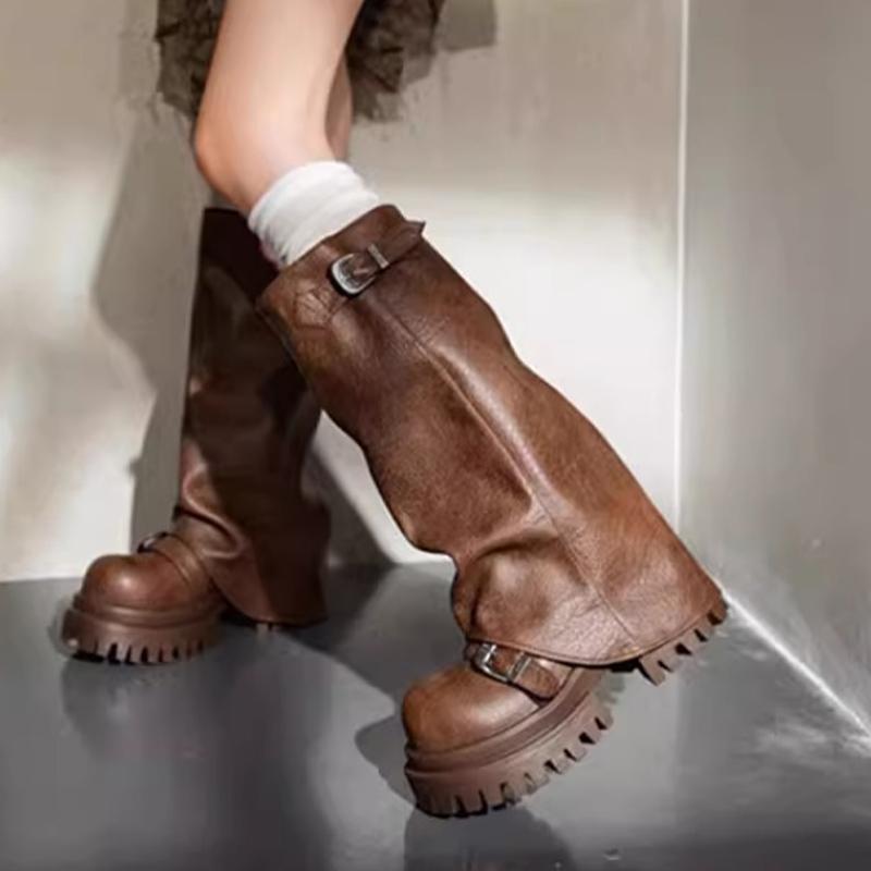 Chunky Platform Women High Boots Fad Designer Mid Heels Leather Shoes 2025 Trend Winter Knee High Oxford Motorcycle Botas Mujer