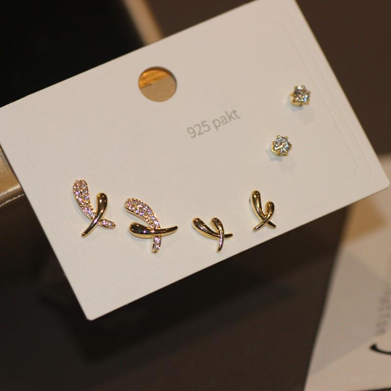 Gold Tone Stud Earrings Set 3 Pairs Weekly Wear Elephant Pearl Design Micro Inlaid Women Jewelry