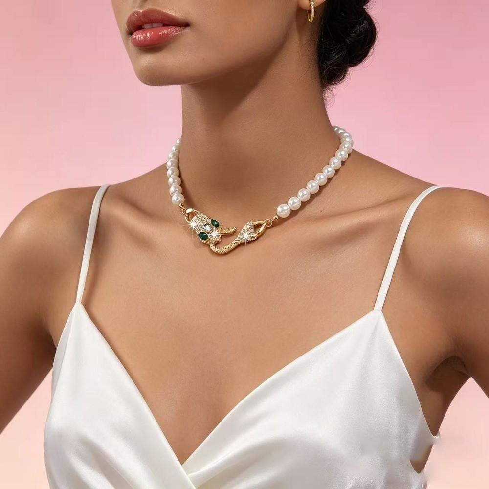 Rhinestone Accent Snake Necklace Pearl Pendant Party Jewelry Imitation Pearl Necklace Gifts