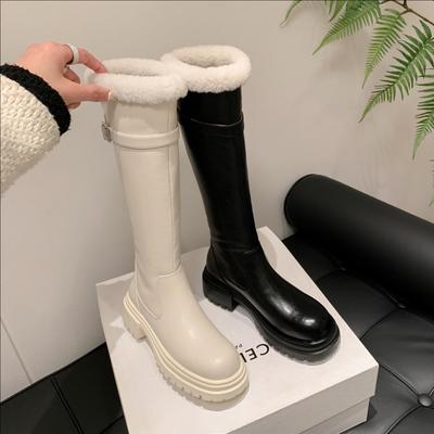 Кожаные сапоги из овечьей шерсти женские зима 2025 новые белые сапоги на толстой подошве зимние сапоги бархатные высокие сапоги