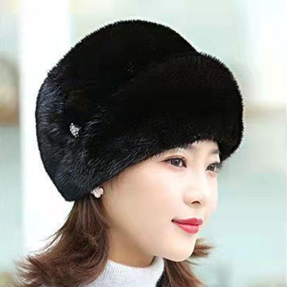 Faux Rabbit Fur Winter Hat Flower Decor Thermal Hat Solid Color Windproof Caps  Cycling Skiing