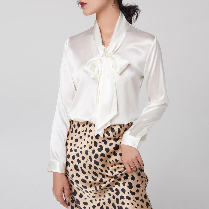 Women's Early Spring Mulberry Silk Satin Blouse with Bow - Long Sleeve
