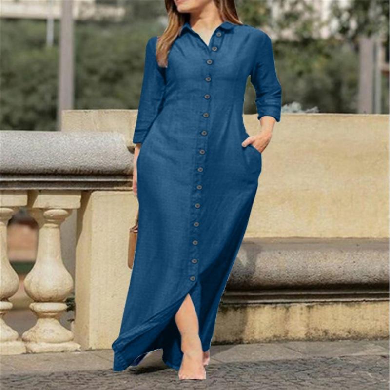 Summer Women's Fashion Elegant and Fashionable Long Sleeved Polo Cardigan Solid Color Long Cotton Dress