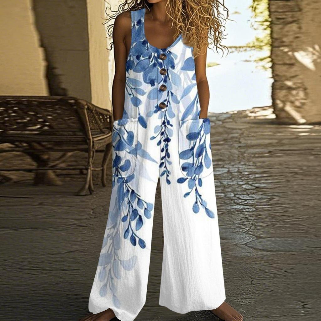 Women's Fashionable Casual Button-down Sleeveless Jumpsuit, Retro Floral Printed Cotton Pocket Jumpsuit