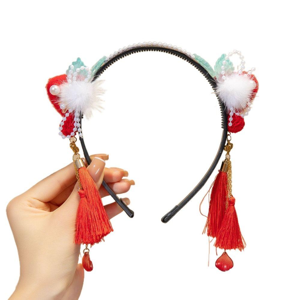 Красный парик ханьфу, повязка на голову с жемчугом, новогодний головной убор, традиционная повязка на голову с цветочной кисточкой для детей