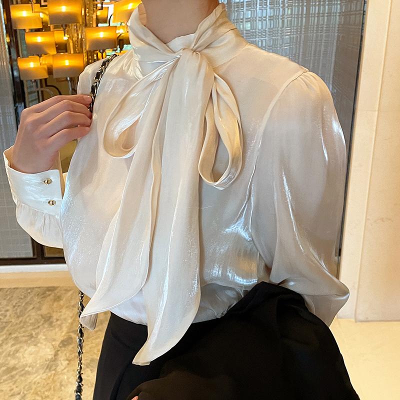 Korean Fashion Ribbon Satin Bow Tie Collar Women Shirt Spring Autumn Long Sleeved Top Office Elegant Loose Casual Simple Blouse Female Clothes 3143
