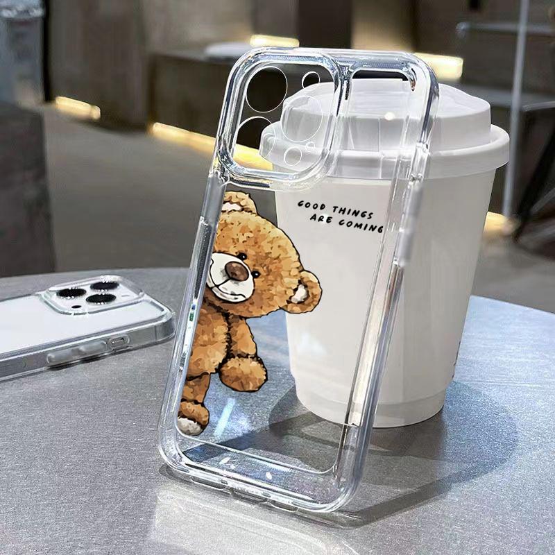 Cute Peeking Teddy Bear Clear Pattern Design Protective Cover for iPhone 17 16 15 14 13 12 11 16E Series Pro Max Plus