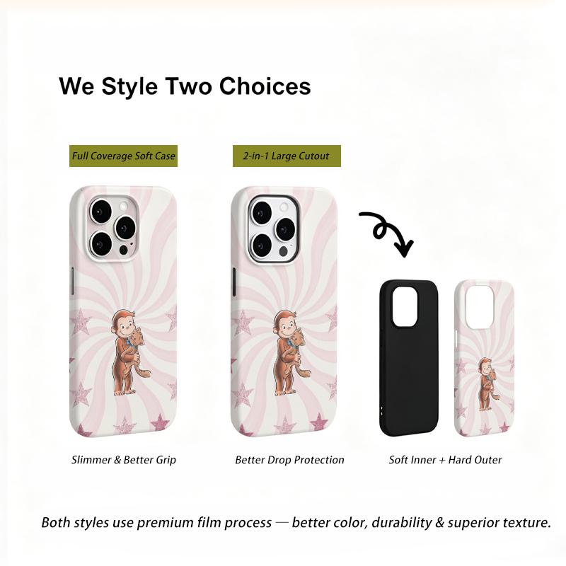 Adorable Cartoon Monkey Hugging Cat Swirl Art Film Aesthetic Protective Shockproof Bumper Case Cover For iPhone 14 15 16 Pro Max Plus