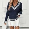 New V-neck Twisted Knit Sweater for Women's Wear In Autumn and Winter, A School-style Color-blocking Pullover Sweater
