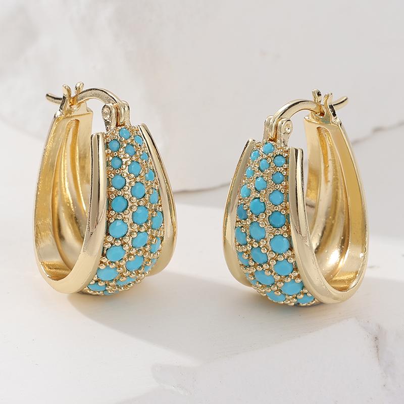 Женские винтажные серьги-кольца из меди с инкрустацией синтетической бирюзой, в богемном стиле, элегантный золотистый аксессуар